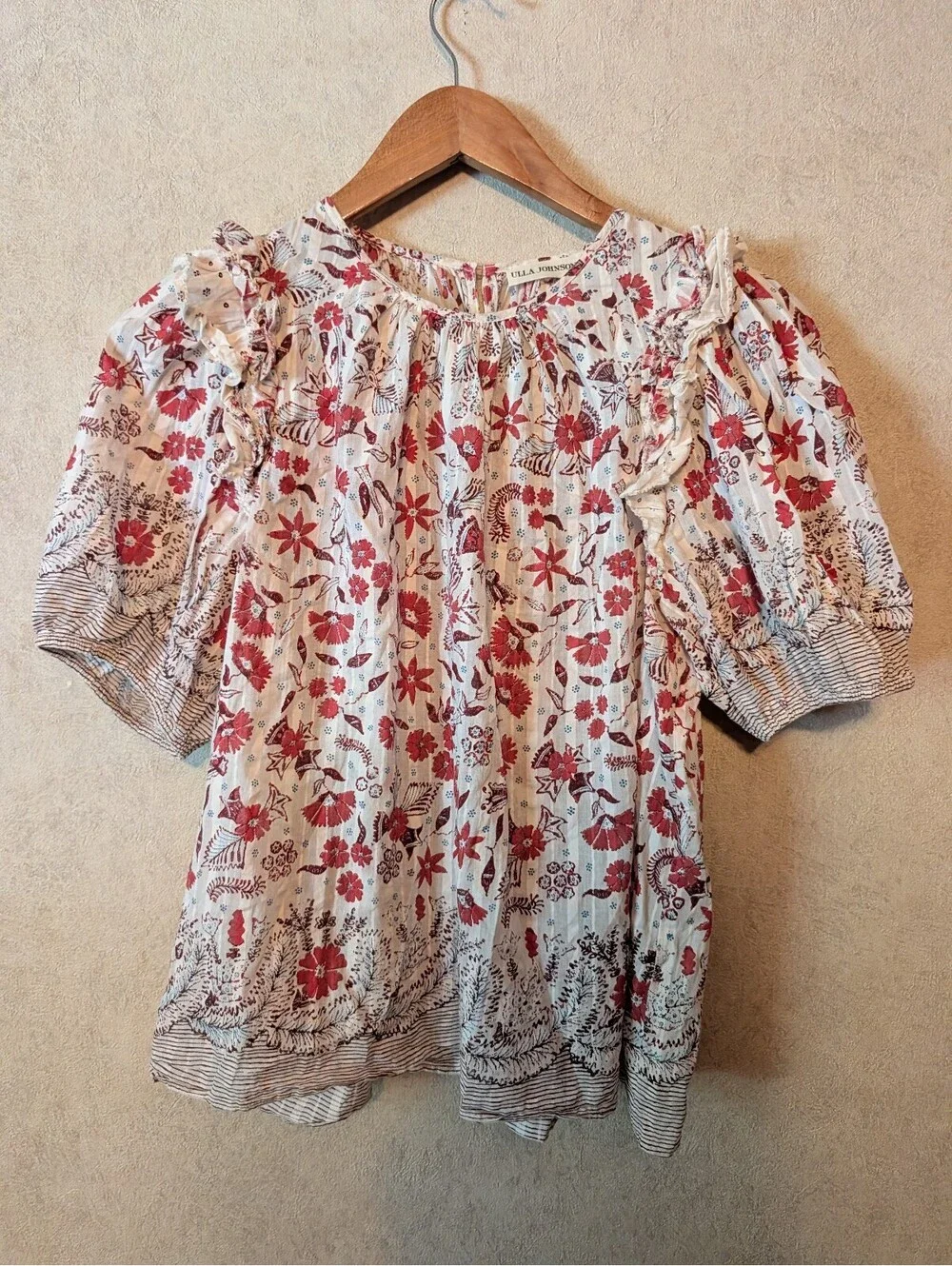 ULLA JOHNSON white floral Arbor short sleeve cotton blouse sz 4